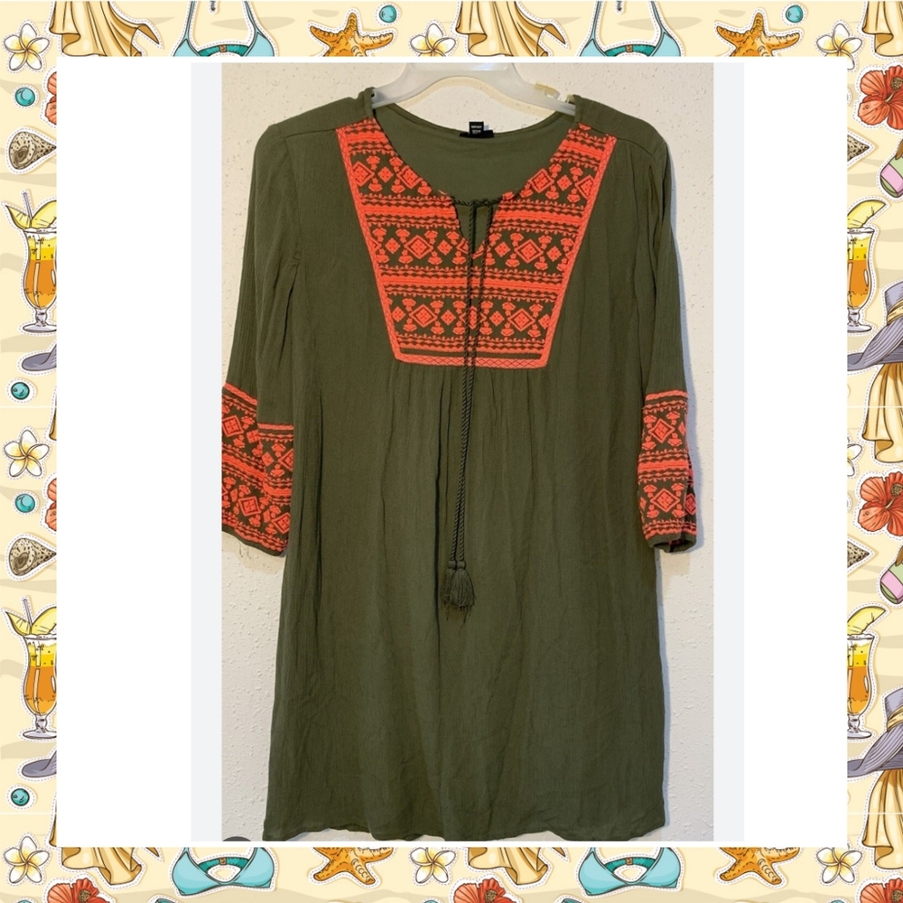 a.n.a Olive Dress with Orange Embroidery Size Xl